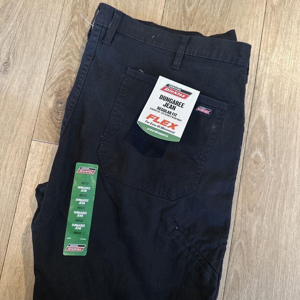 Genuine Dickies Men 40x32 Black Dungaree Jean Regular Fit Flex Straight Workwear